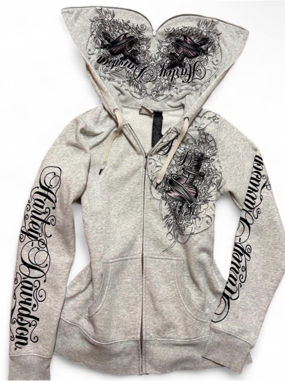 Harley-Davidson Y2K Women's Gray Zip-Up Hoodie Jacket Split hood and velour